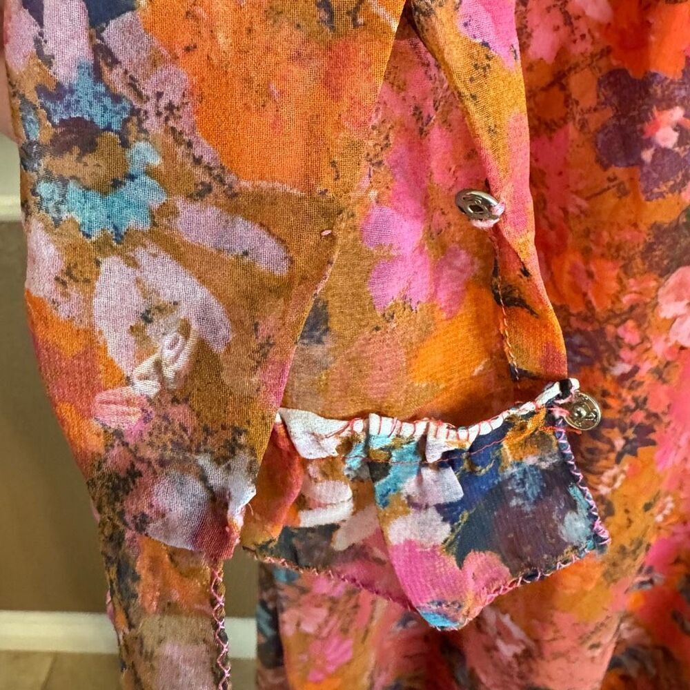 Vintage XS Sheer Sleeve Floral Maxi Dress Ruffle Pink Orange Feminine Fairycore - Picture 5 of 9